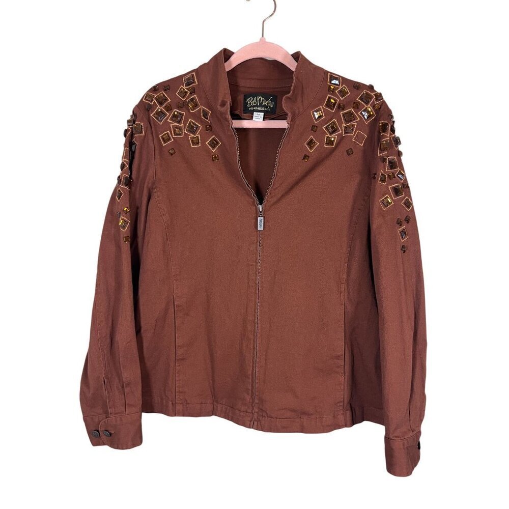 Bob Mackie Jeweled Jacket M Brown Full Zip Boho Western Artsy Classic Chic 80s